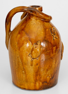 Rare Large-Sized Indiana Stoneware Snake Jug w/ Applied Skull and Crossbones and Turtle