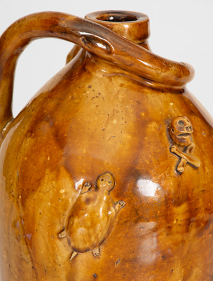 Rare Large-Sized Indiana Stoneware Snake Jug w/ Applied Skull and Crossbones and Turtle