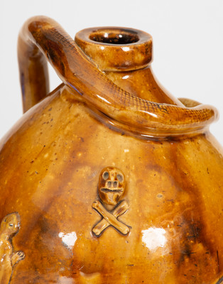 Rare Large-Sized Indiana Stoneware Snake Jug w/ Applied Skull and Crossbones and Turtle