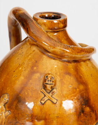 Unusual Midwestern Stoneware Snake Jug with Applied Skull and Crossbones and Turtle
