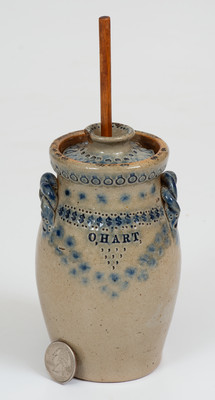 Outstanding Hart Family, Sherburne or Ogdensburg, New York Miniature Stoneware Presentation Churn and Dasher, O. HART