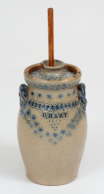 Outstanding Hart Family, Sherburne or Ogdensburg, New York Miniature Stoneware Presentation Churn and Dasher, 