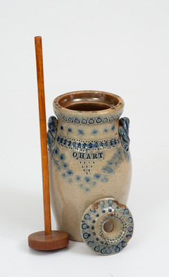 Outstanding Hart Family, Sherburne or Ogdensburg, New York Miniature Stoneware Presentation Churn and Dasher, 