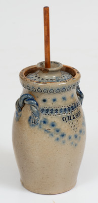 Outstanding Hart Family, Sherburne or Ogdensburg, New York Miniature Stoneware Presentation Churn and Dasher, 