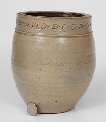 Unusual Small-Sized Stoneware Jar w/ Coggled Hearts, probably New Jersey, circa 1820