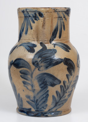 Attrib. Richard C. Remmey, Philadelphia, PA Stoneware Pitcher w/ Elaborate Cobalt Floral Decoration, circa 1870