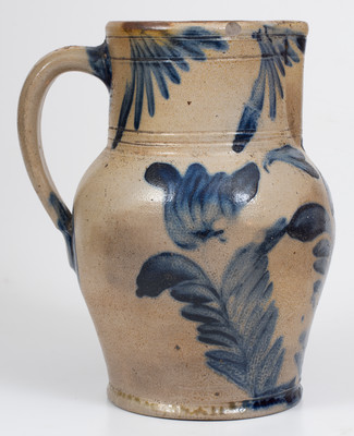 Attrib. Richard C. Remmey, Philadelphia, PA Stoneware Pitcher w/ Elaborate Cobalt Floral Decoration, circa 1870