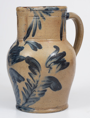 Attrib. Richard C. Remmey, Philadelphia, PA Stoneware Pitcher w/ Elaborate Cobalt Floral Decoration, circa 1870