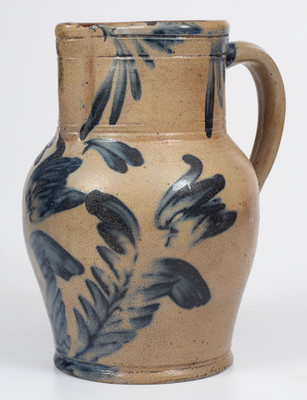Attrib. Richard C. Remmey, Philadelphia, PA Stoneware Pitcher w/ Elaborate Cobalt Floral Decoration, circa 1870