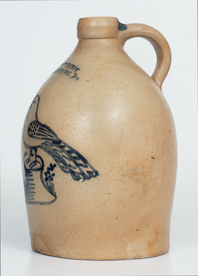 Very Rare COWDEN & WILCOX / HARRISBURG, PA One-Gallon Stoneware Jug w/ Cobalt Bird-on-Stump Decoration