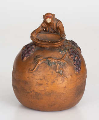 Rare Painted Pennsylvania Redware Bank w/ Monkey Finial, c1880