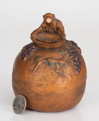 Rare Painted Pennsylvania Redware Bank w/ Monkey Finial, c1880