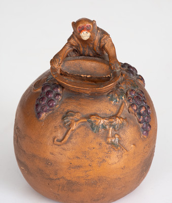 Rare Painted Pennsylvania Redware Bank w/ Monkey Finial, c1880