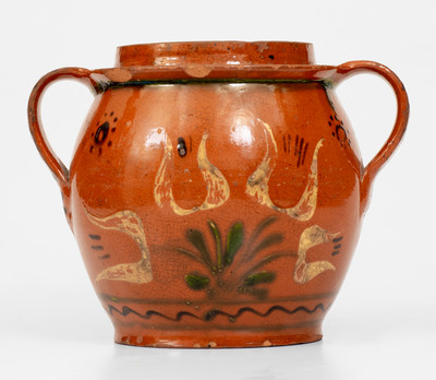 Rare and Fine Open-Handled Pennsylvania Redware Jar w/ Three-Color-Slip Floral Decoration, probably Bucks County