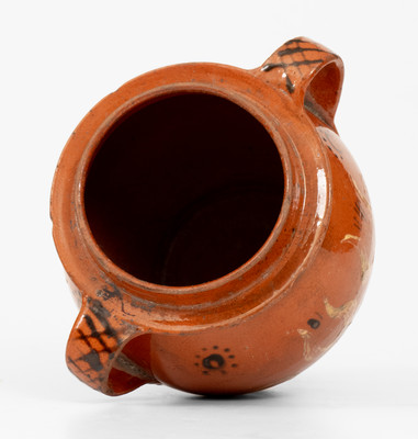 Rare and Fine Open-Handled Pennsylvania Redware Jar w/ Three-Color-Slip Floral Decoration, probably Bucks County