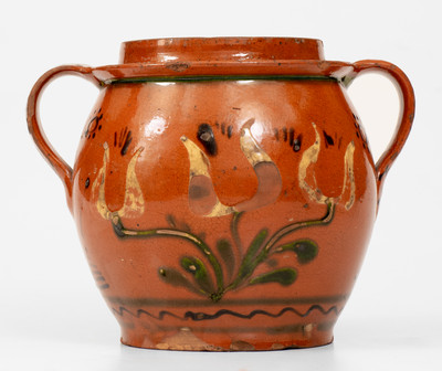Rare and Fine Open-Handled Pennsylvania Redware Jar w/ Three-Color-Slip Floral Decoration, probably Bucks County
