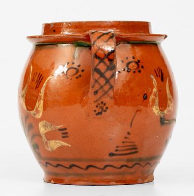 Rare and Fine Open-Handled Pennsylvania Redware Jar w/ Three-Color-Slip Floral Decoration, probably Bucks County