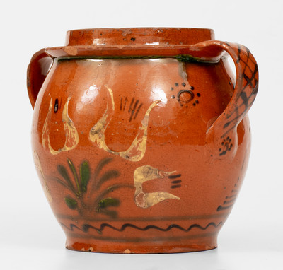 Rare and Fine Open-Handled Pennsylvania Redware Jar w/ Three-Color-Slip Floral Decoration, probably Bucks County