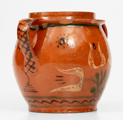 Rare and Fine Open-Handled Pennsylvania Redware Jar w/ Three-Color-Slip Floral Decoration, probably Bucks County