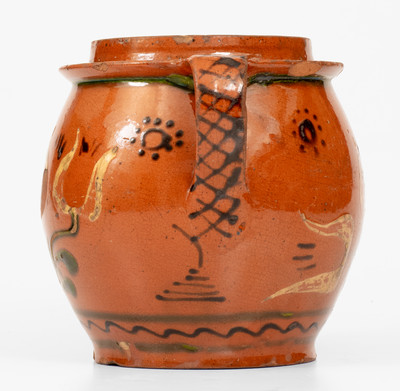 Rare and Fine Open-Handled Pennsylvania Redware Jar w/ Three-Color-Slip Floral Decoration, probably Bucks County