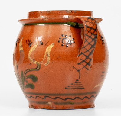 Rare and Fine Open-Handled Pennsylvania Redware Jar w/ Three-Color-Slip Floral Decoration, probably Bucks County