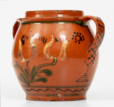 Rare and Fine Open-Handled Pennsylvania Redware Jar w/ Three-Color-Slip Floral Decoration, probably Bucks County
