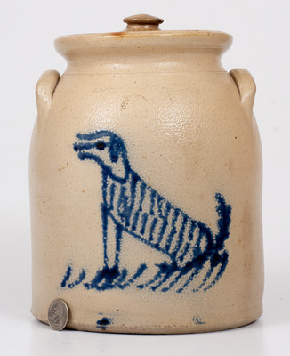 Extremely Rare EDMANDS & CO. (Charlestown, Mass.) One-Gallon Lidded Stoneware Jar w/ Seated Dog Decoration