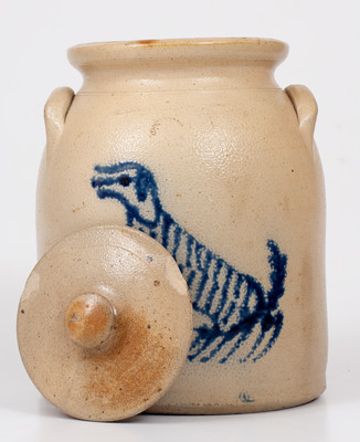 Extremely Rare EDMANDS & CO. (Charlestown, Mass.) One-Gallon Lidded Stoneware Jar w/ Seated Dog Decoration