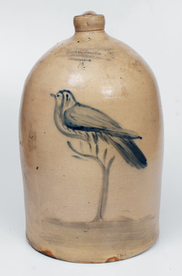 Exceptional CHATHAM (Canada West) Stoneware Advertising Jug w/ Elaborate Bird-on-Branch Decoration