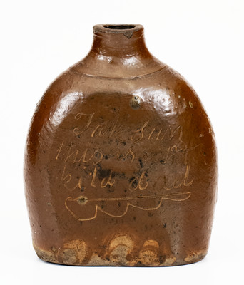 Rare Albany-Slip-Glazed Stoneware Flask w/ Incised Bird and Humorous Inscription, possibly Ohio, c1830