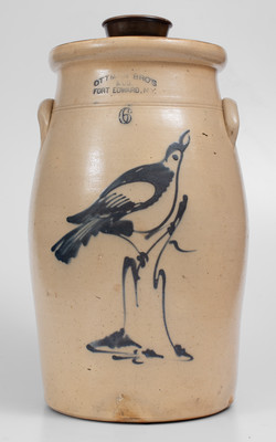 Fine 6 Gal. OTTMAN BROS. & CO. / FORT EDWARD, NY Stoneware Churn w/ Large Bird-on-Stump Decoration