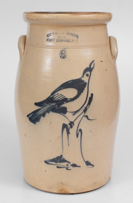 Fine 6 Gal. OTTMAN BROS. & CO. / FORT EDWARD, NY Stoneware Churn w/ Large Bird-on-Stump Decoration