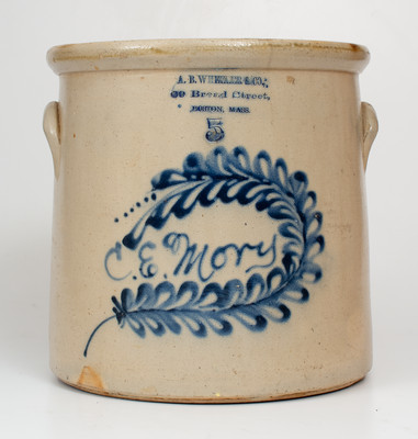 5 Gal. A. B. WHEELER & CO. / BOSTON, MASS. Advertising Crock w/ Elaborate Cobalt Script "C. E. Mory"