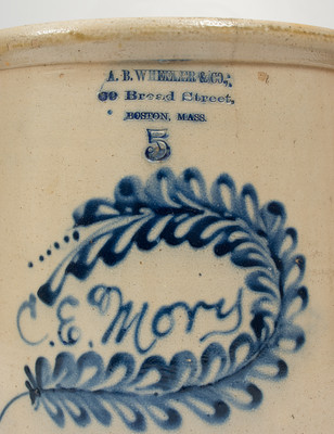 5 Gal. A. B. WHEELER & CO. / BOSTON, MASS. Advertising Crock w/ Elaborate Cobalt Script "C. E. Mory"
