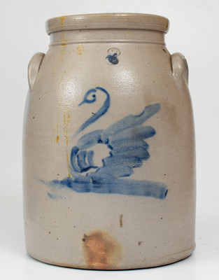 Rare 3 Gal. Northeastern Stoneware Jar w/ Cobalt Swan Decoration