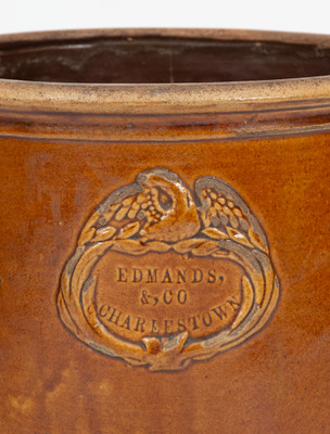 Edmands / Charlestown, MA Albany Slip Glazed Stoneware Jar w/ Molded Eagle, 1852-1868