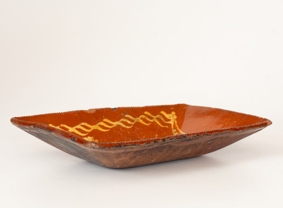 Rare and Fine Matawan, New Jersey Redware Platter w/ Elaborate Yellow Slip Bird Design