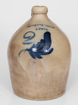 Two-Gallon T. HARRINGTON / LYONS, NY Stoneware Jug w/ Cobalt Foliate Design, c1860