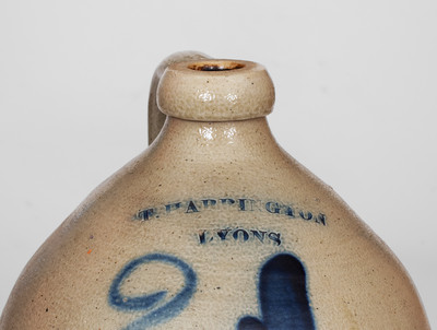 Two-Gallon T. HARRINGTON / LYONS, NY Stoneware Jug w/ Cobalt Foliate Design, c1860