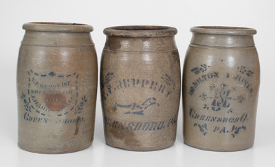 Lot of Three: One-Gallon Greensboro, PA Cobalt-Stenciled Stoneware Jars