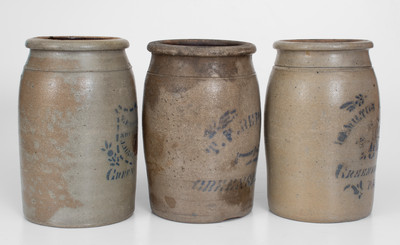 Lot of Three: One-Gallon Greensboro, PA Cobalt-Stenciled Stoneware Jars