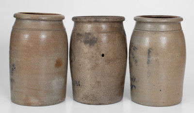 Lot of Three: One-Gallon Greensboro, PA Cobalt-Stenciled Stoneware Jars