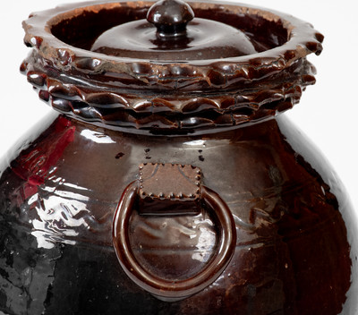 Extremely Rare and Important Elaborate Redware Lidded Jar Inscribed 