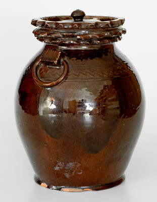 Extremely Rare and Important Elaborate Redware Lidded Jar Inscribed 