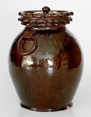 Extremely Rare and Important Elaborate Redware Lidded Jar Inscribed 