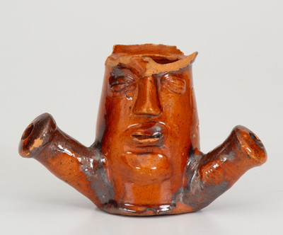 Very Fine Pennsylvania Redware Figural Face Pipe Bowl Inscribed "D. L. S."