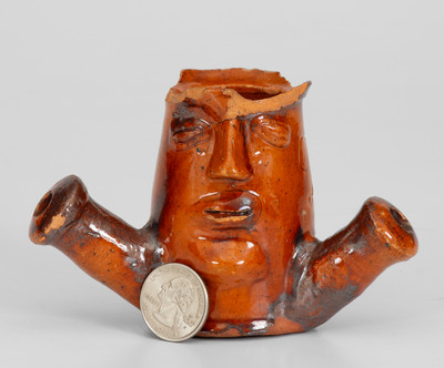 Very Fine Pennsylvania Redware Figural Face Pipe Bowl Inscribed "D. L. S."