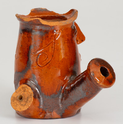 Very Fine Pennsylvania Redware Figural Face Pipe Bowl Inscribed "D. L. S."