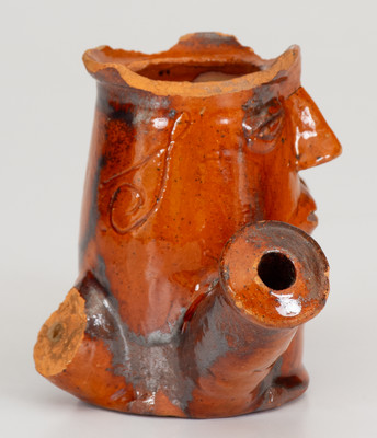 Very Fine Pennsylvania Redware Figural Face Pipe Bowl Inscribed "D. L. S."