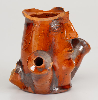 Very Fine Pennsylvania Redware Figural Face Pipe Bowl Inscribed "D. L. S."